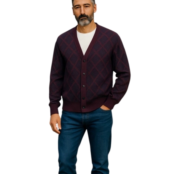 Vtg Cardigan wool blend Italian Made burgundy herringbone grandpa sweater sz M - Picture 11 of 11